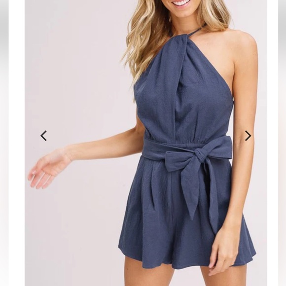 Listicle Short Halter Romper With Waist Tie in Blue Gray. Women’s Medium - Picture 2 of 8